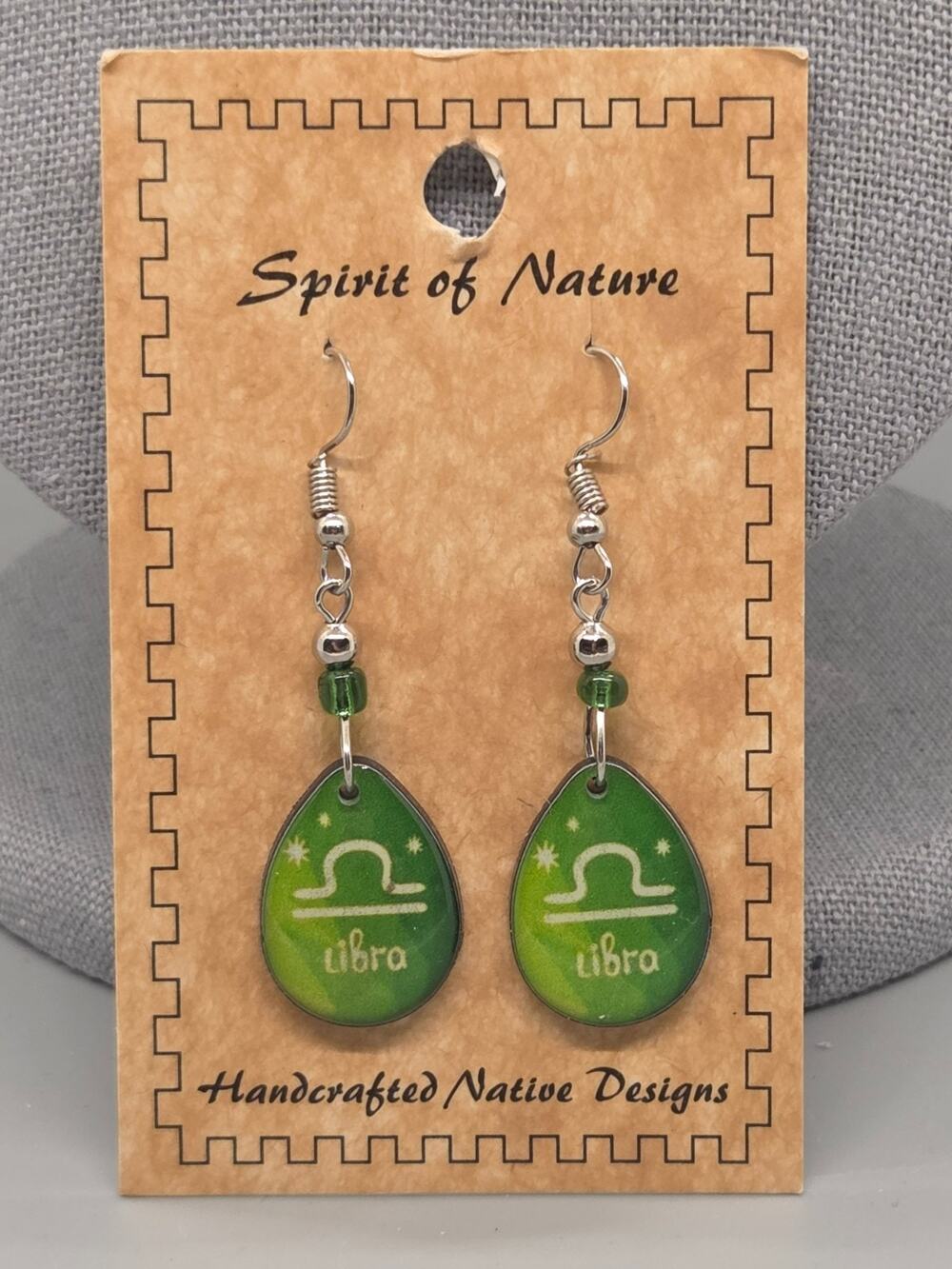 Spirit of Nature Earrings LIBRA - Astrological Sign- Tear Drop -Green White